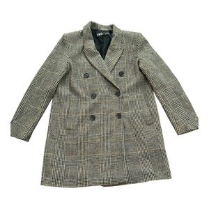 ZARA Plaid Wool-Blend Double Breasted Coat Gray Check Long Blazer Jacket S
